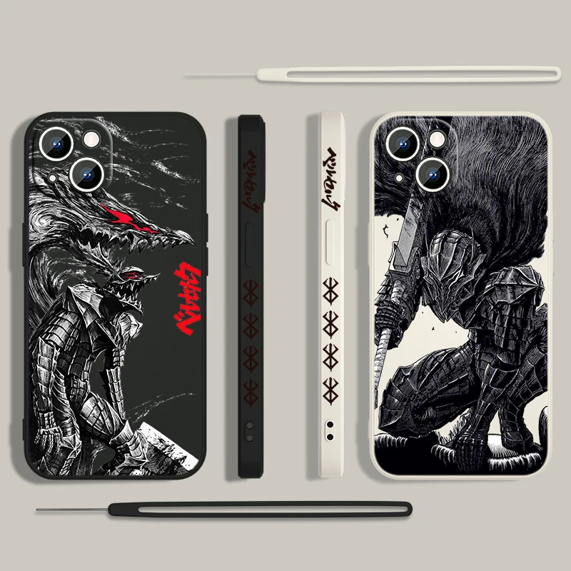 Hot Blood Anime Berserk Guts Phone Case For Apple iPhone 15 14 13 12 11 Pro Max Plus 8 7 SE Liquid Left Rope Capa Cover