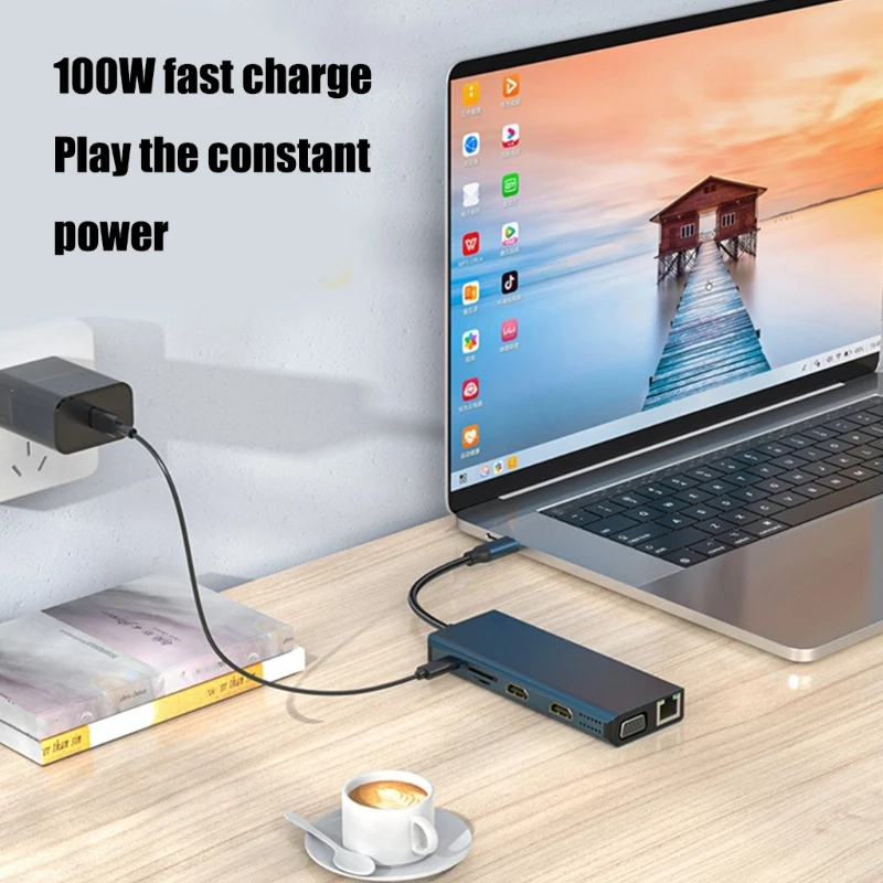 12 in 1 Laptop Docking Station Double Display USB C Hub Adapter With VGA 4x USB 3.0 Gigabit Ethernet Type C Card Reader