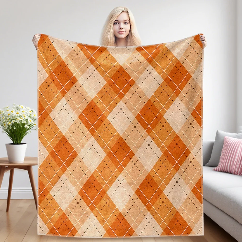 Autumn Orange Argyle Winter And Summer Dual-Use Comfortable Flannel Blanket, Soft And Sticky Sofa Cover Blanket, Exquisite Gift