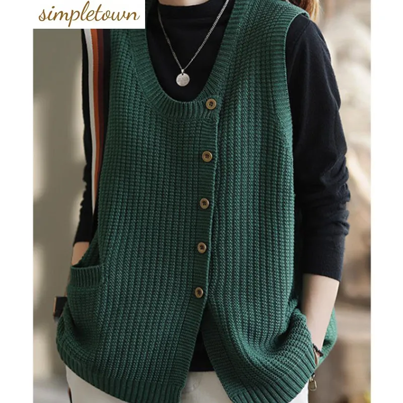 Retro Round Neck Vest Women\'s Spring and Autumn 2023 New Loose Solid Large Cardigan Sleeveless Knitted Tank Top