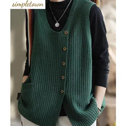 Retro Round Neck Vest Women's Spring and Autumn 2023 New Loose Solid Large Cardigan Sleeveless Knitted Tank Top