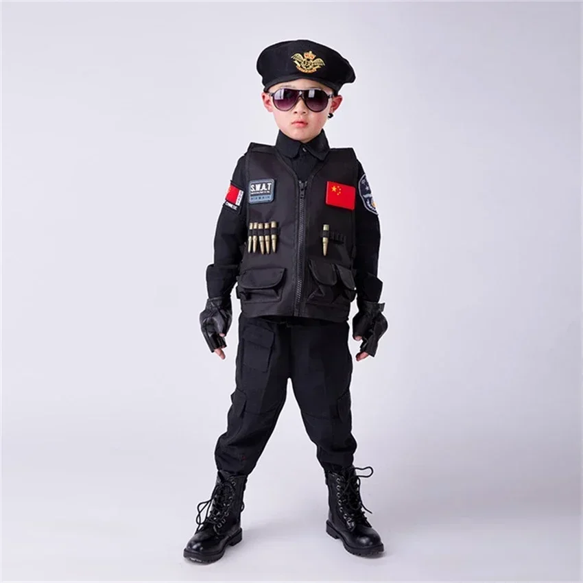 Politieagenten Kostuums Jongens Speciaal Politie-Uniform Kinderdaggeschenk Leger Lange Mouw Jas  HandschoenenCosplay