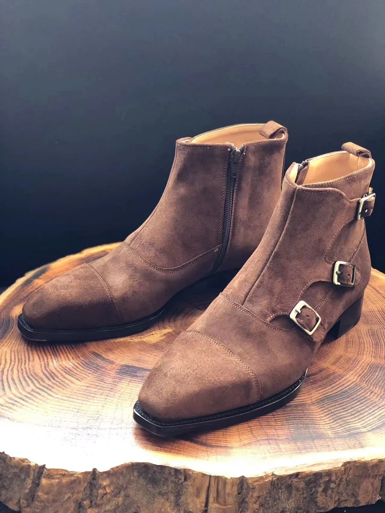 Cie tri-strips Chestnut Beveled Waist/Fiddle-back Ankle Boots Leather Sole Men High Quality Can Custom Handmade Footwear MA19