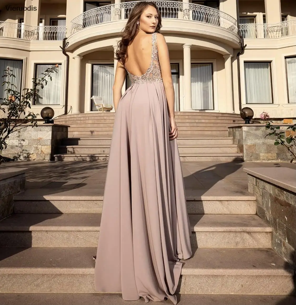 Vestido de noche rosa polvoriento, corte en A, cuello en V, apliques de encaje, cuentas de lentejuelas, espalda descubierta, abertura lateral, largo hasta el suelo, vestido de fiesta para graduación, nuevo