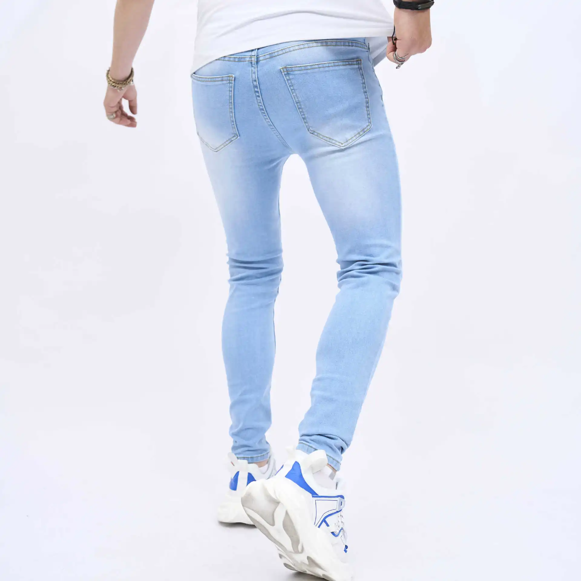 Men Hole Slim Jeans Cotton Stretchy Ripped Skinny Men's Denim Pants High Quality Brand Hip Hop Street Oversize Male Jeans Blue