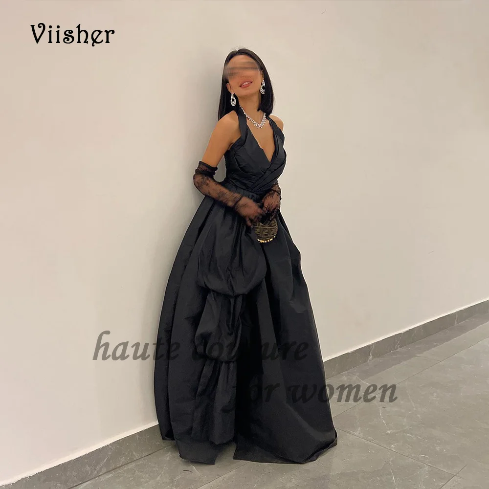 Black Satin Halter A Line Prom Dresses scollo A V senza maniche Arabian Dubai Evening Party Dress Backless lunghezza del pavimento abiti formali