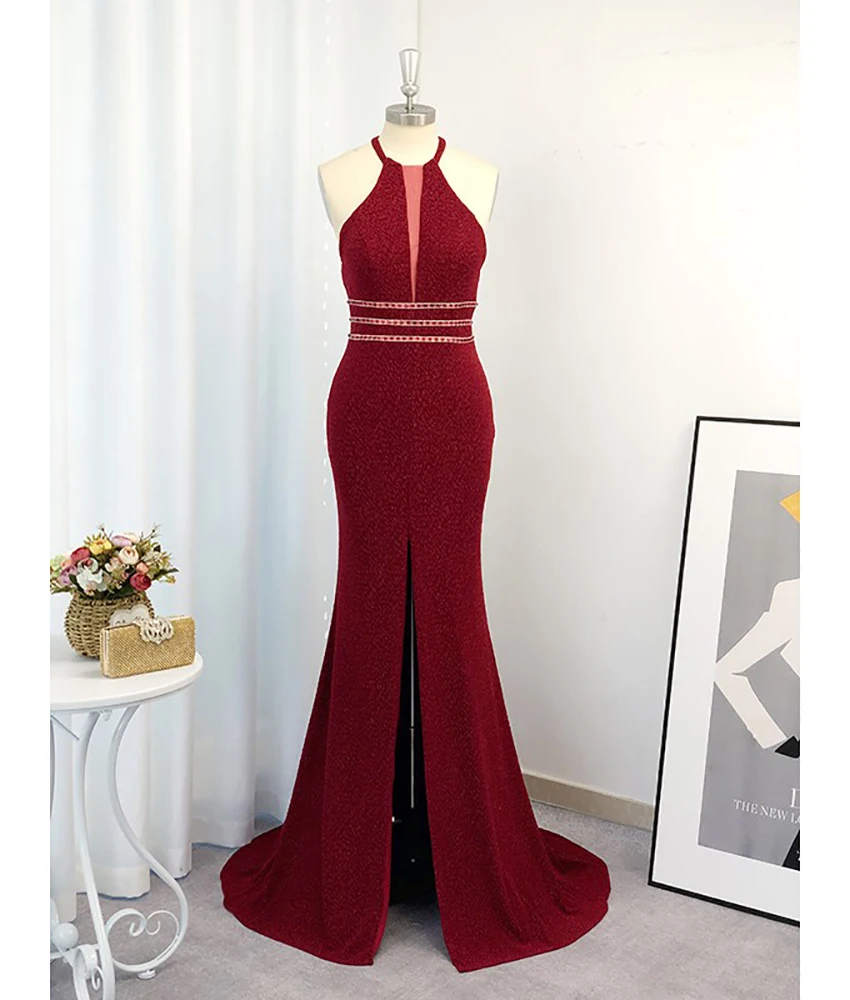 

Customized Sexy Mermaid Jersey Crystal Evening Dress High Quality Halter Sleeveless Floor Length فساتين سهرات