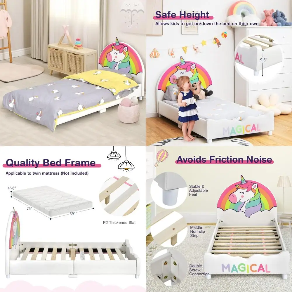 Children's Wooden Twin Bed Frame with Headboard and Slat Support for Toddlers, No Box Spring Needed