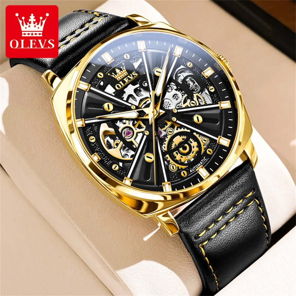 OLEVS Luxury Fully Automatic Mechanical Watch Leather Strap Men's Watches Tonneau Waterproof Domineering Original Male Watch