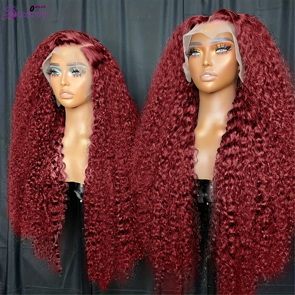 

220% Density Deep Wave Wig 99J Burgundy 13x4 Lace Frontal Brazilian Human Hair Wig 30 Inch Red Color Transparent Lace Front Wigs