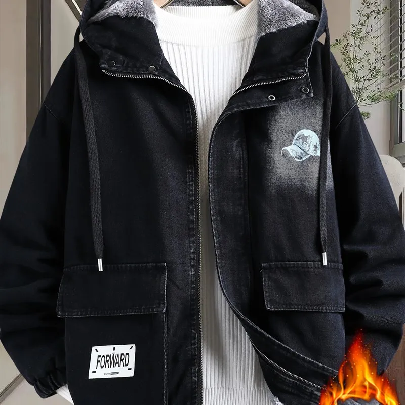 

Winter Thiened Fce Lined Hooded Jaet for Boys Teenagers Warm Sli Outerwear Casual Loose Fit Long Sve Jeans Fabric