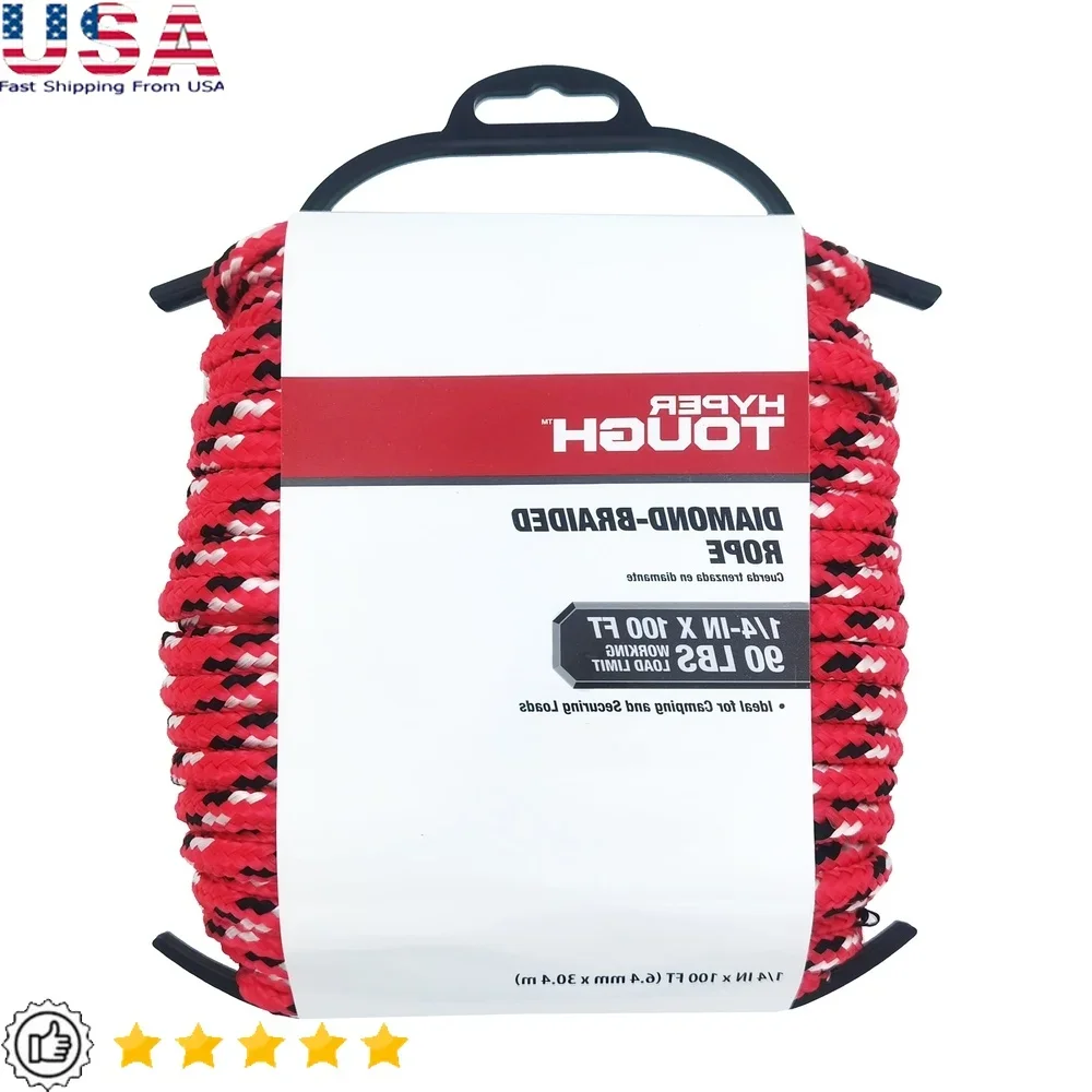 

Durable Polypropylene Diamond Braided Utility Rope 1/4 inch 100ft Heavy Duty Tarp Tent Camping Hiking Fishing Outdoor Use