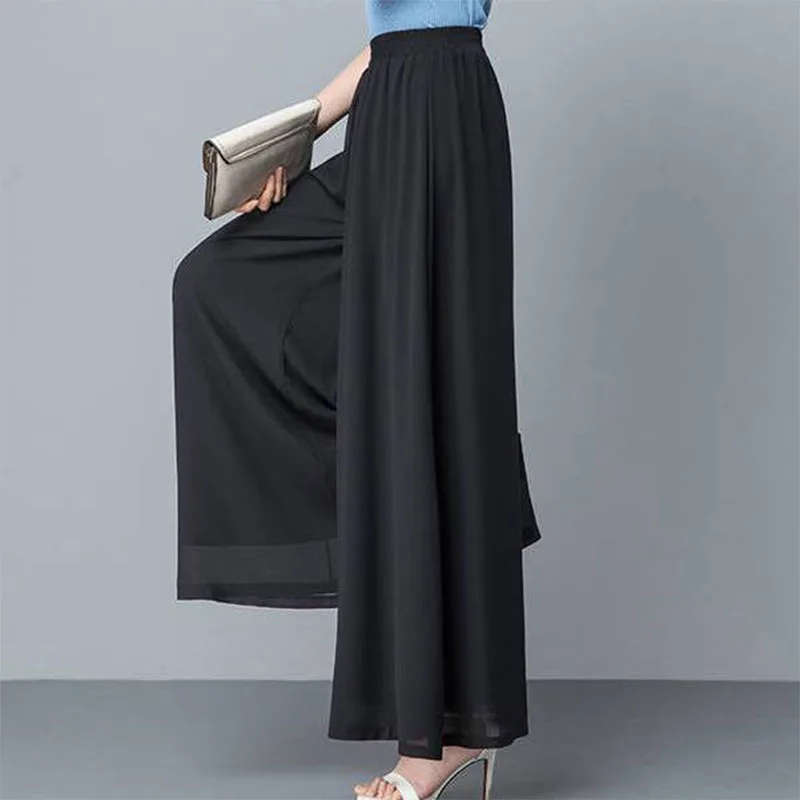 Fashion Women Oversized White Chiffon Pants Summer Thin Korean Casual High Waist Elastic Band Loose Solid Wide Leg Trousers 2023