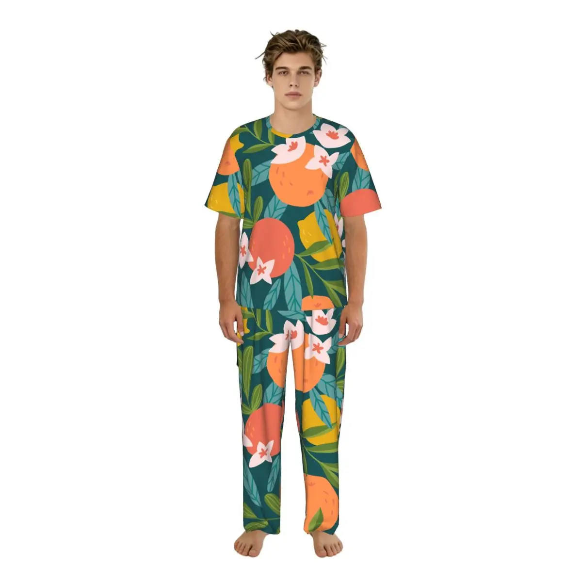 Men's Casual Pajamas Sets Short Sleeve and Pants Sets Male Sleepwear Tropical Summer Oranges Lemons And Flowers Home Clothes