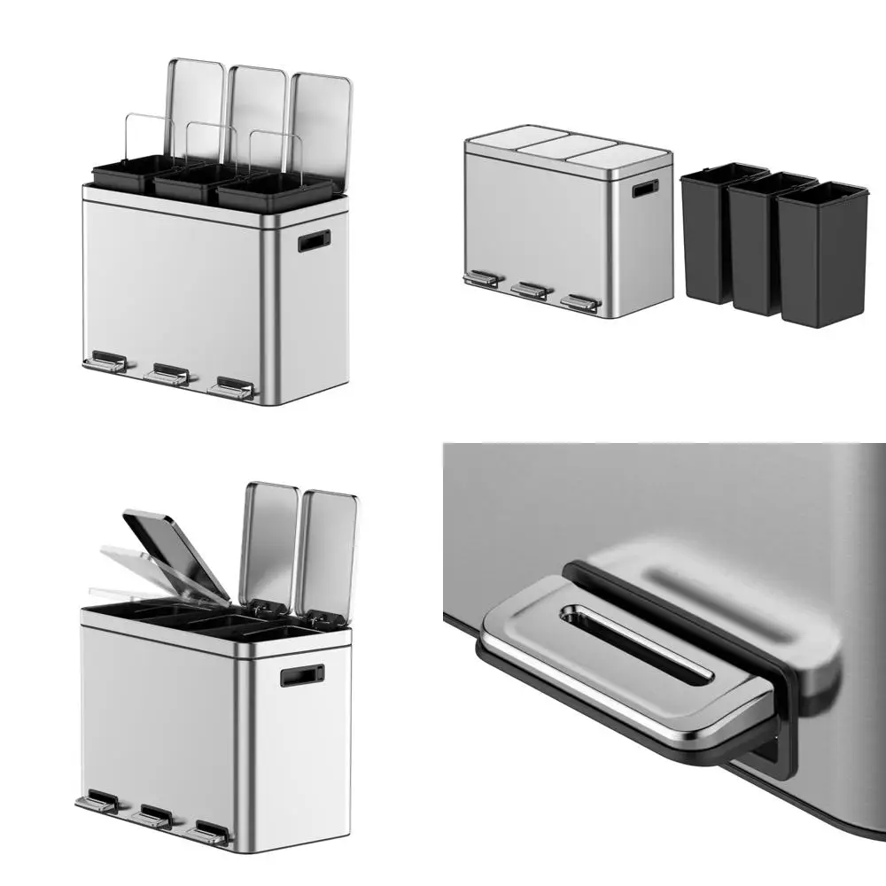 

мусорное ведро с тройным отделением из нержавеющей стали и переработкой, емкостью 4 галлона, крышкой с мягким закрыванием, функцией сцепления.