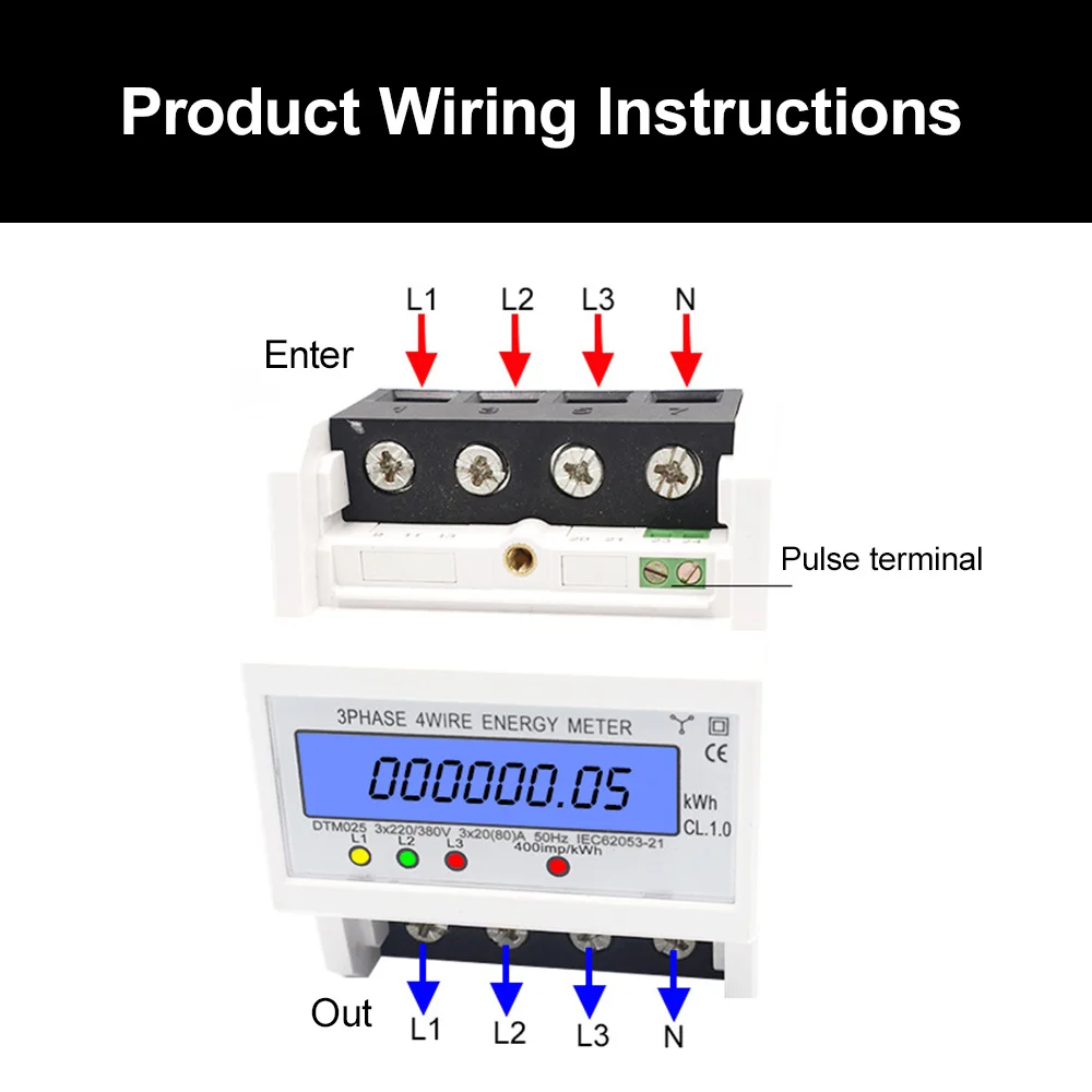 3 Phase 4 Wire Energy Meter 220/380V 5-80A Energy Consumption kWh Meter DIN Rail Installation Digital Electric Power Meter