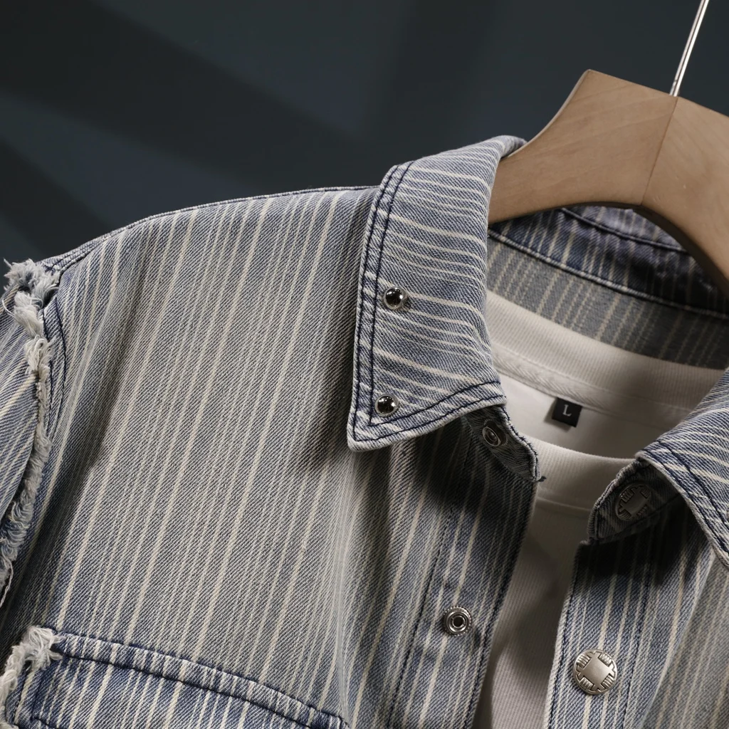 High quality men's denim shirt spring and autumn striped retro washed casual long sleeved shirt jacket men clothing  streetwear
