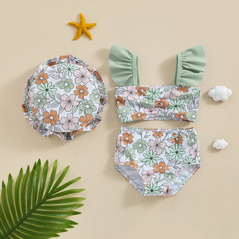 Baby Girl Swimsuit Fly Sleeve Floral Print Tube Top Shorts with Sun Hat Bikini Toddler Girl Swimwear