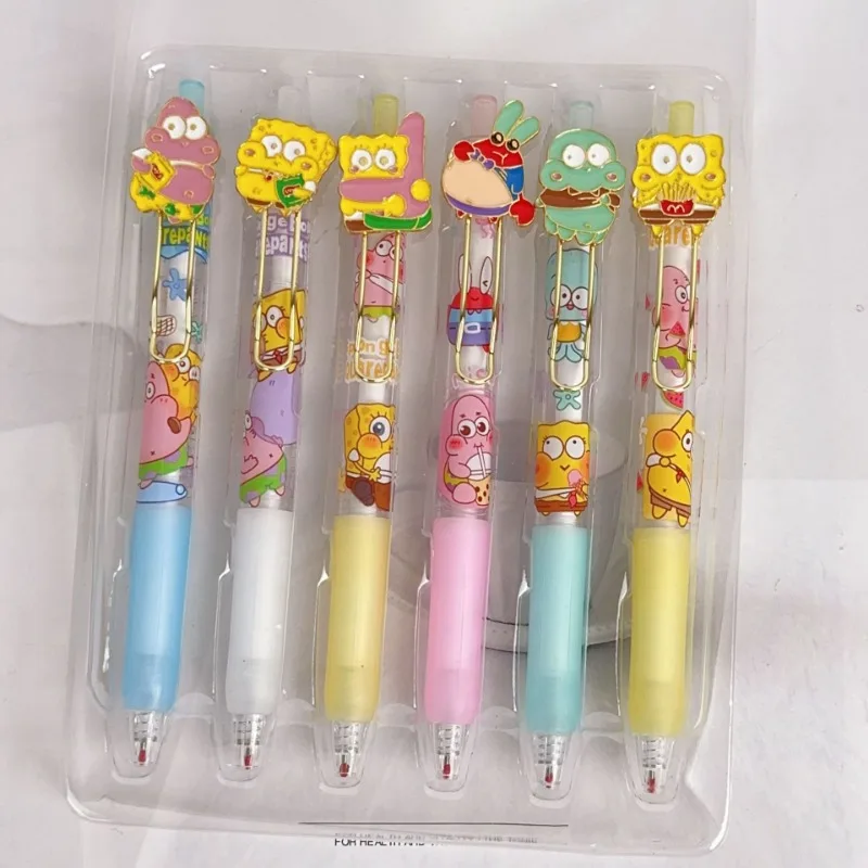 6pcs SpongeBob Neutral Pen Box Set Cartoon Stationery Signature Pen Patrick Anime Office School Supplies Student Stationery Gift