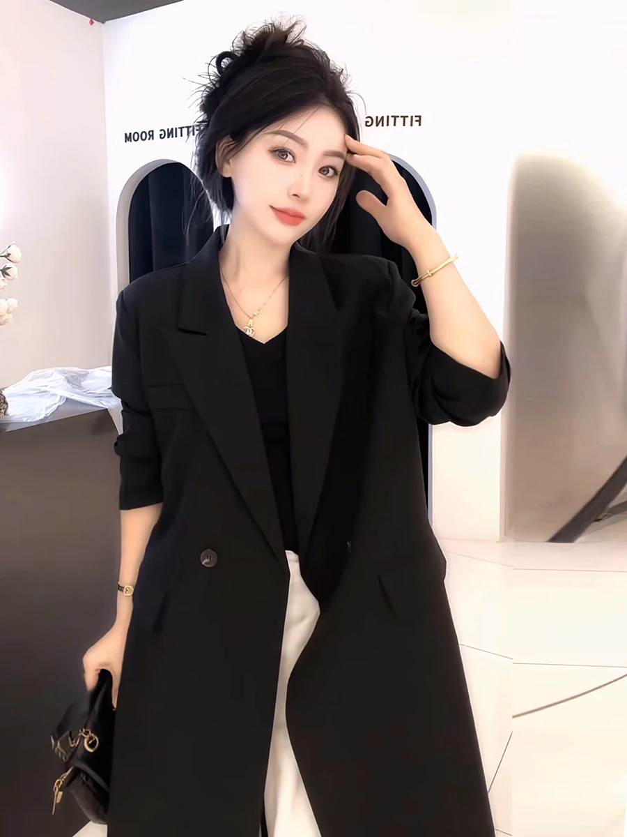 Novo Casaco Feminino Casual de Alfaiataria, Comprimento até o Joelho, Estilo para o Dia a Dia, Caimento Solto, Manga Longa, Primavera Outono 2025