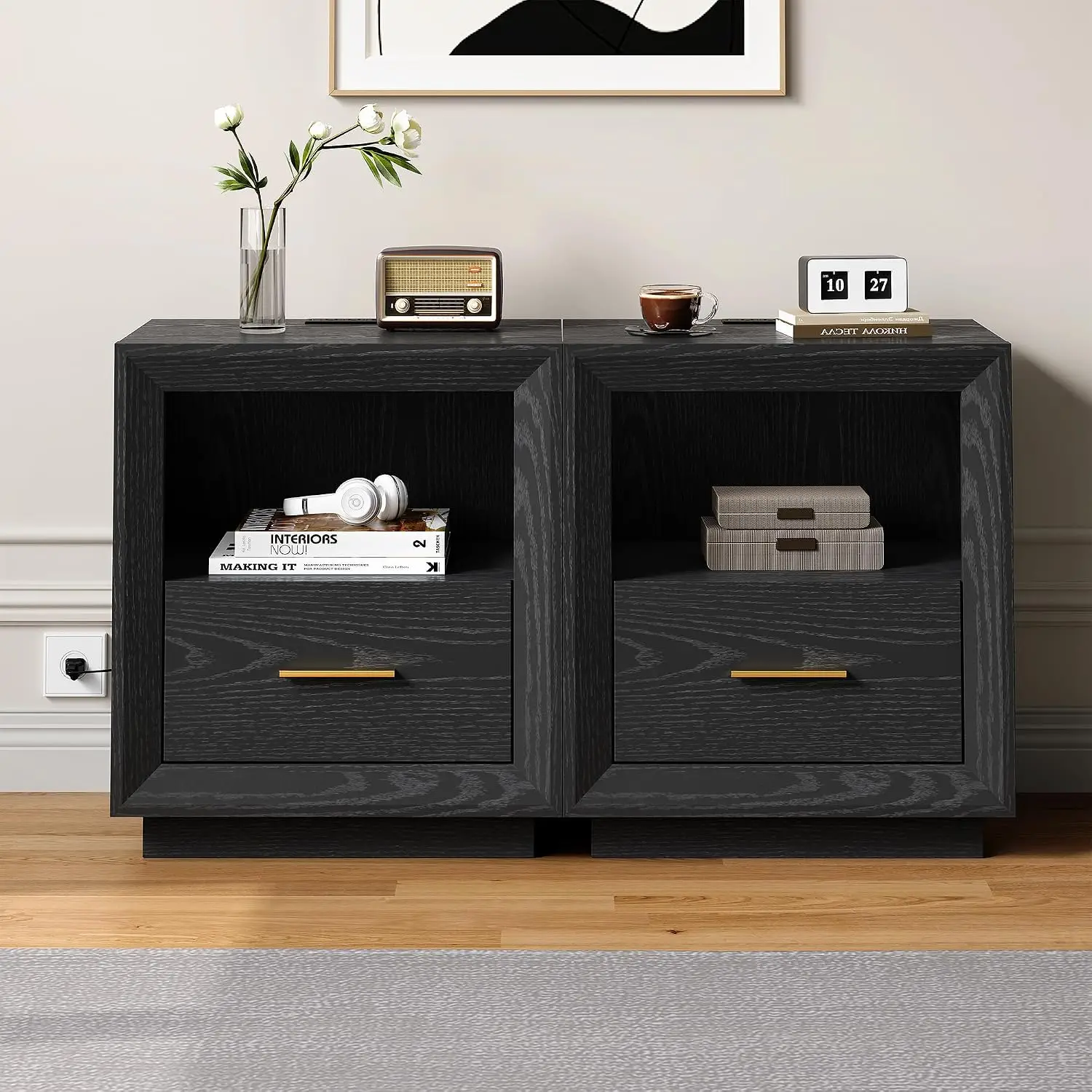 Black Nightstand Set of 2, Nightstand with Charging Station | Bedside Table with Spacious Drawer Modern, 2 Outlets, Customized