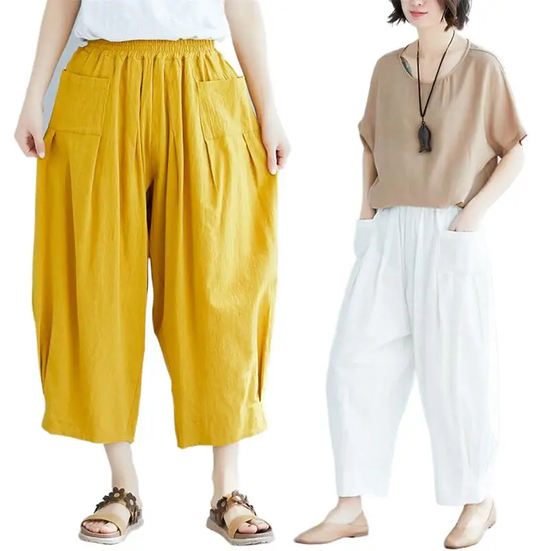 

2024 Cotton Linen Pants Solid Elastic Waist Harem Pants Women' Wide Leg Pants With Pockets Loose Baggy Trousers roupa femenina