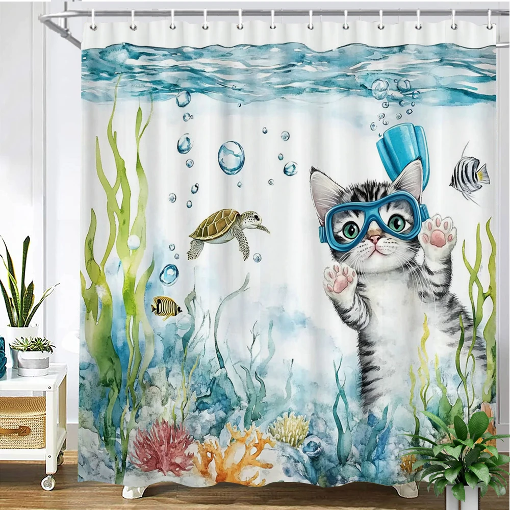 

Cartoon cute cat Shower Curtain With Hooks Ocean underwater world Printed Bathroom Curtains Polyester Fabric Home Decor Curtain