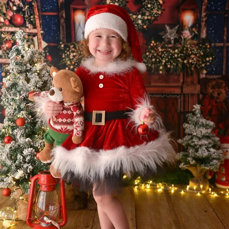 Kids Girl Christmas Outfit Long Sleeve Furry Patchwork Dress with Bowknot Headband for Cosplay Party