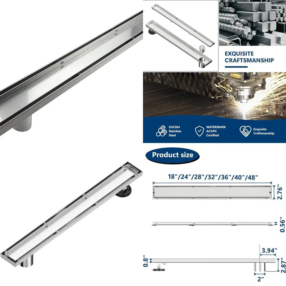 

32 Brushed Stainless Steel Linear Shower Drain with Tile Insert, Adjustable Feet, Hair Catcher