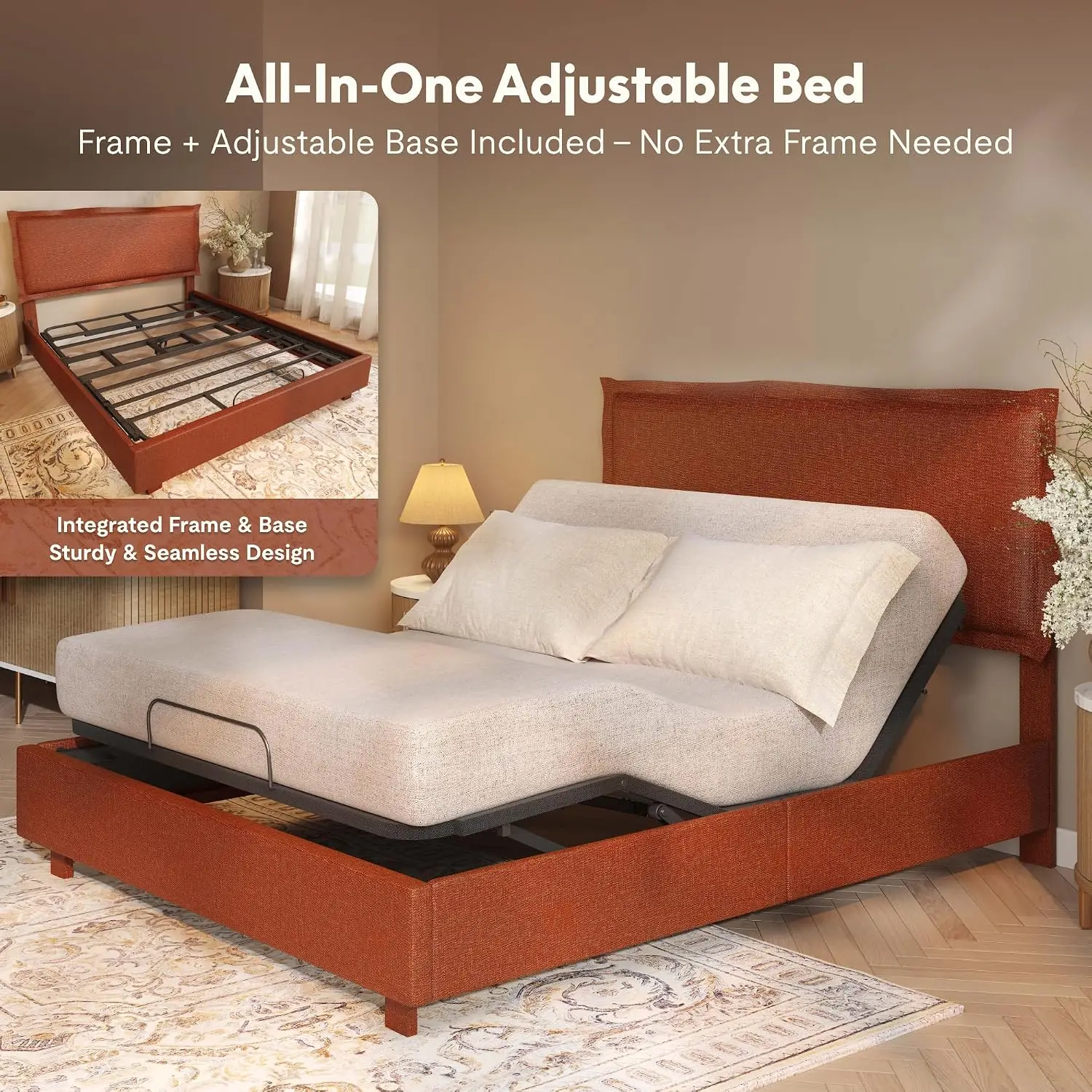 All-In-One Adjustable Bed Frame with Upholstered Flange Edge Headboard, Queen, Minimalist Design, Synchronized Head
