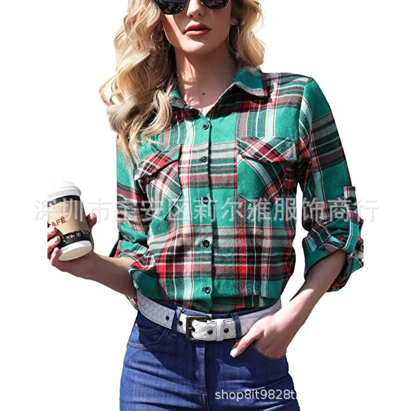 Women's Plaid Shirt Long Sleeve Pink Button Lapel Versatile Black Casual Tops Street College Style Fashion Blouses