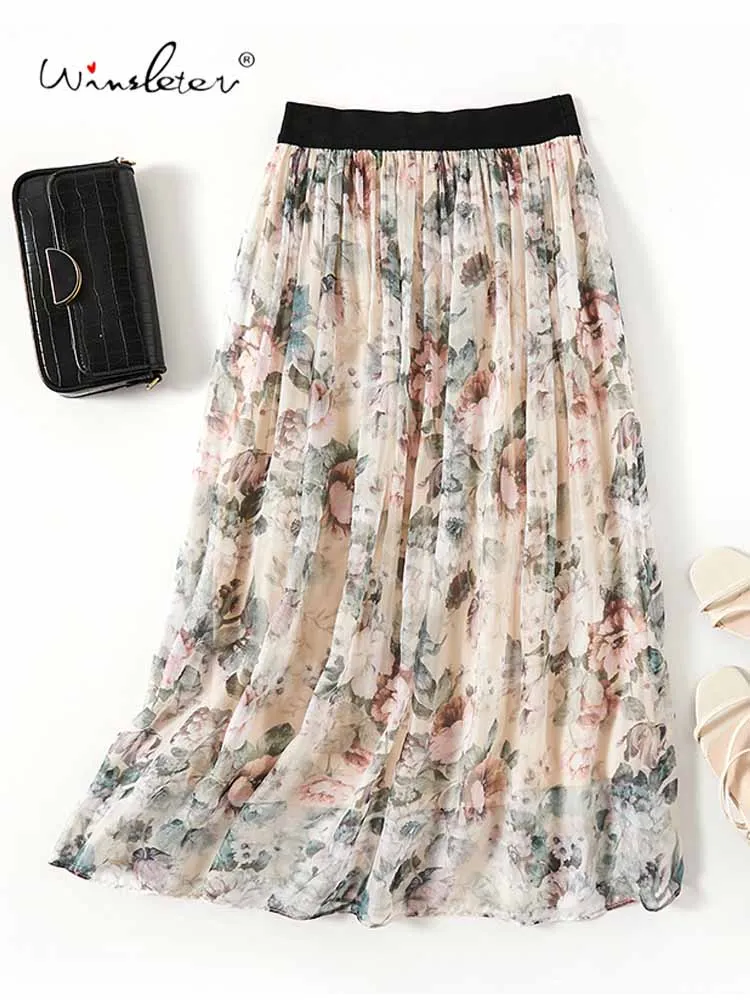 

Winsleter-Women 100%Real Silk Elegant Skirts, Elastic Waist Floral Print, Beach Vacation Fairy Skirt, 2025 Summer New B57544CC