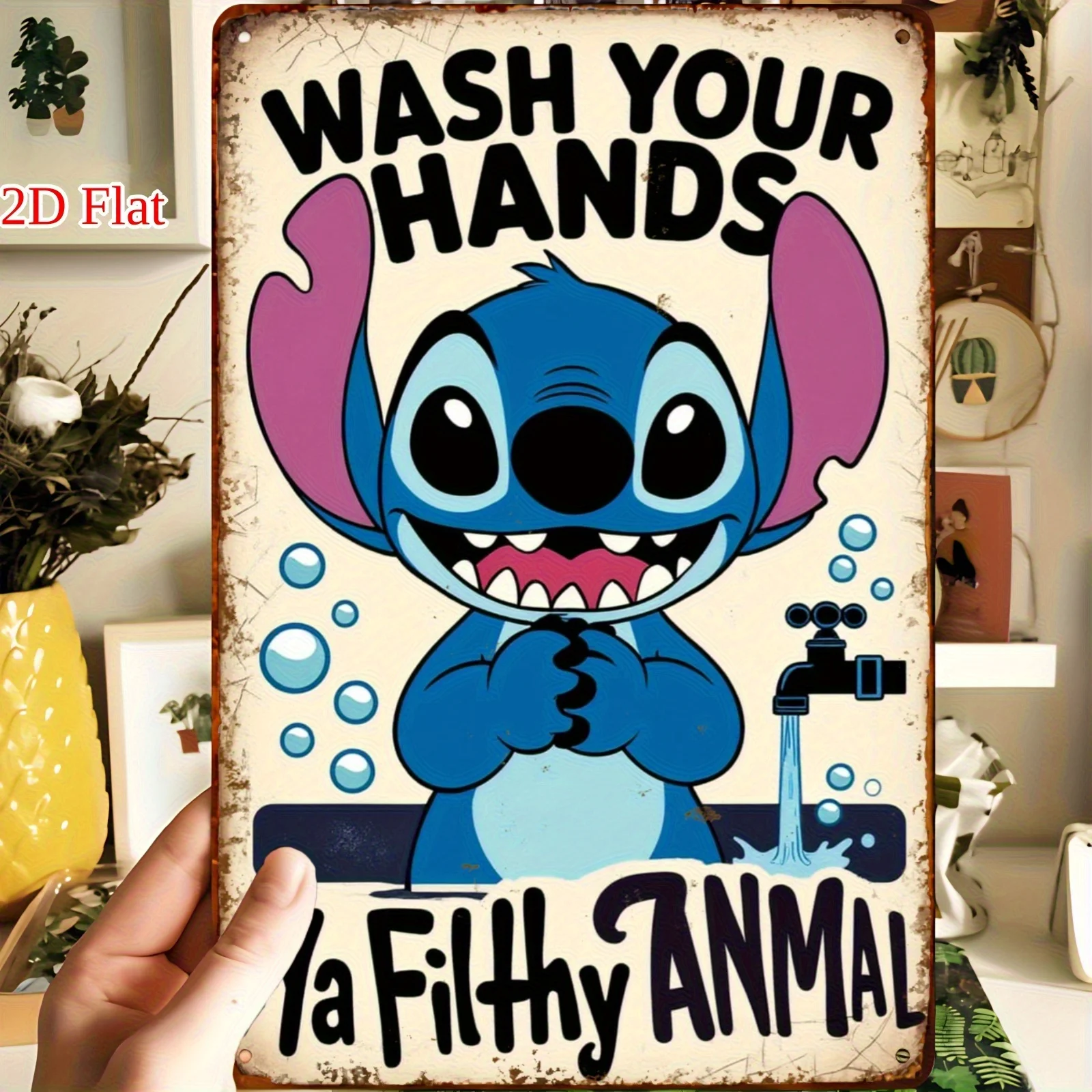 ديزني 1 قطعة علامة حائط معدنية مرخصة رسميًا من ديزني ستيتش 8 × 12 بوصة (20 × 30 سم) ديكور حمام حديدي عتيق مع غسل يديك