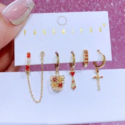 MIGGA 6pcs Red Cubic Zircon Crystal Cartoon Dangle Earrings Set Gold Plated Copper Women Party Jewelry