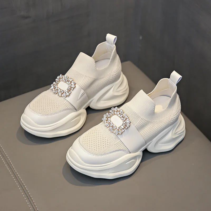 

Thick-Soled Inner Height-Increasing Women's Shoes 2024 New Mesh Breathable Rhinestone Dad Shoes One-Pedal White Shoes