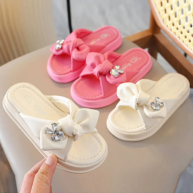 Girls Korean Style Trendy Slippers 2024 Summer New Fashion Soft Soled Anti-slip Slippers Cute Bow Princess Sandals Girl\'s Shoes