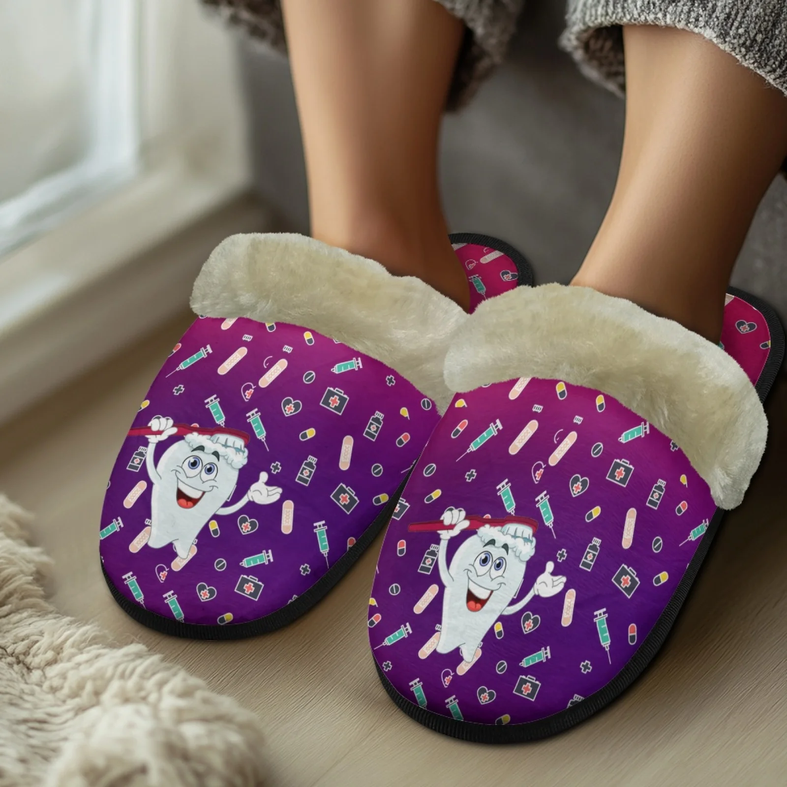 Cute Teeth/Dental Print Fuzzy Slipper Winter Half Shoes for Women Mules Slippers Non-Slip Cozy Cotton Slipper Couple Warm Slides