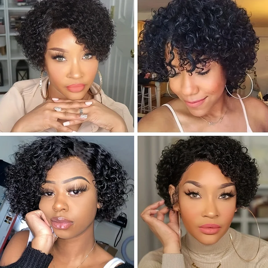 ディープウェーブカーリーウェーブピクシーカットウィッグ 女性用 13x1 Tパートレースフロント人毛ウィッグ 女性用 生え際加工済み ジェリーカール人毛
