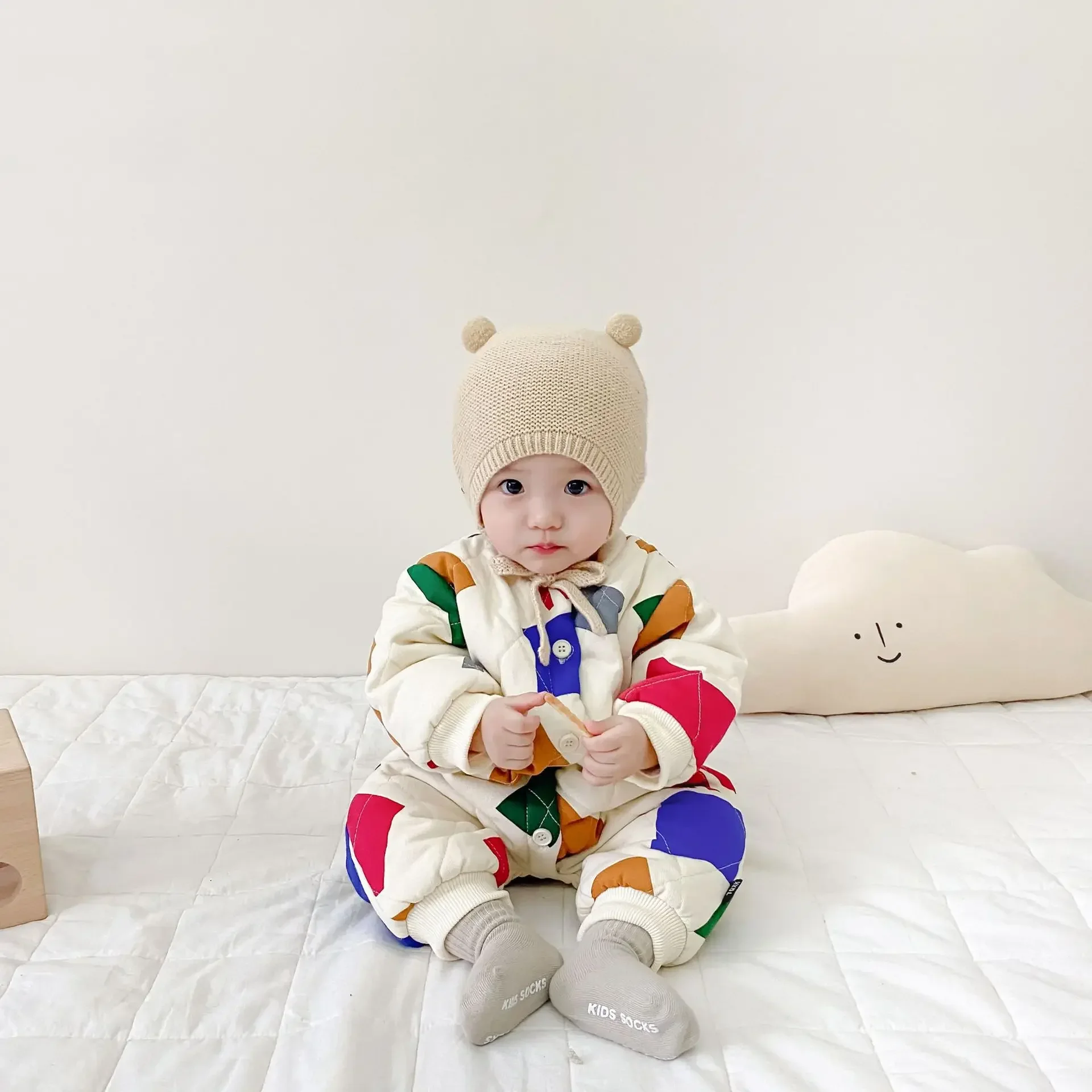 Winter  Baby Boys And Girls Matching Color Plus Cashmere Onesie Crawling Clothes For Children Foreign Style Baby Clothes