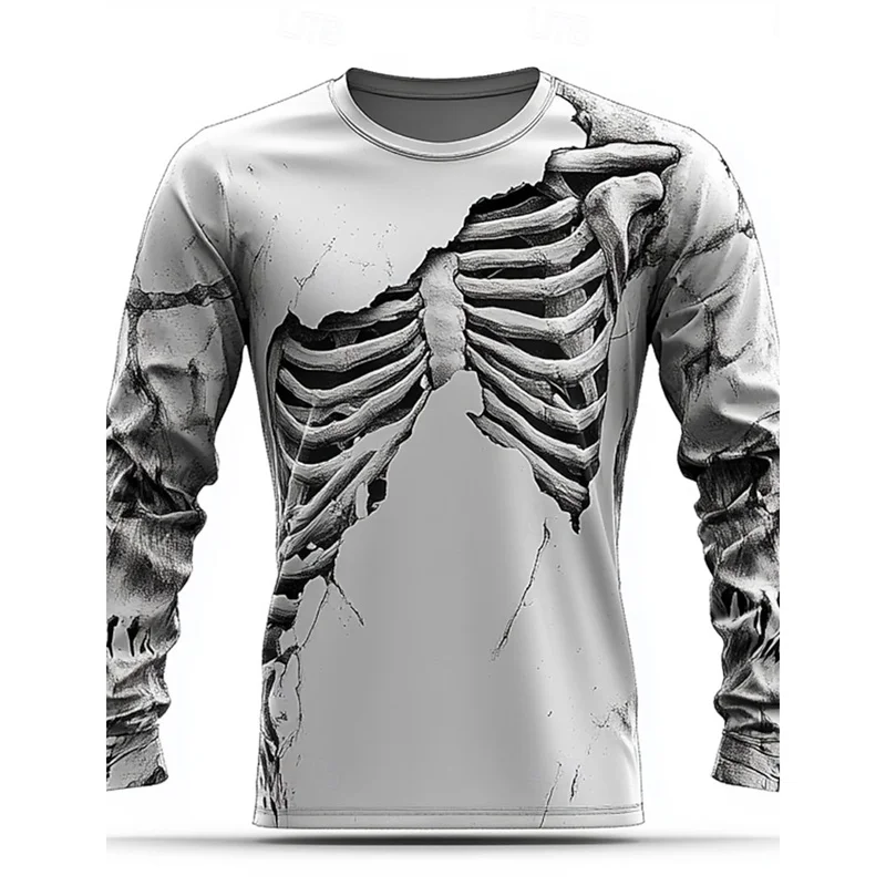 3D Printed Bandaged Skull T Shirt For Men Terrifying Skeleton Pattern Tees Autumn Casual O-Neck Tops Loose Long Sleeve T-Shirts