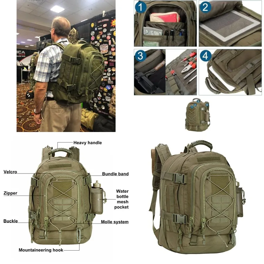 

Large Military Backpack with DIY System for Travel, Work, Camping, Hunting, Hiking, Sports