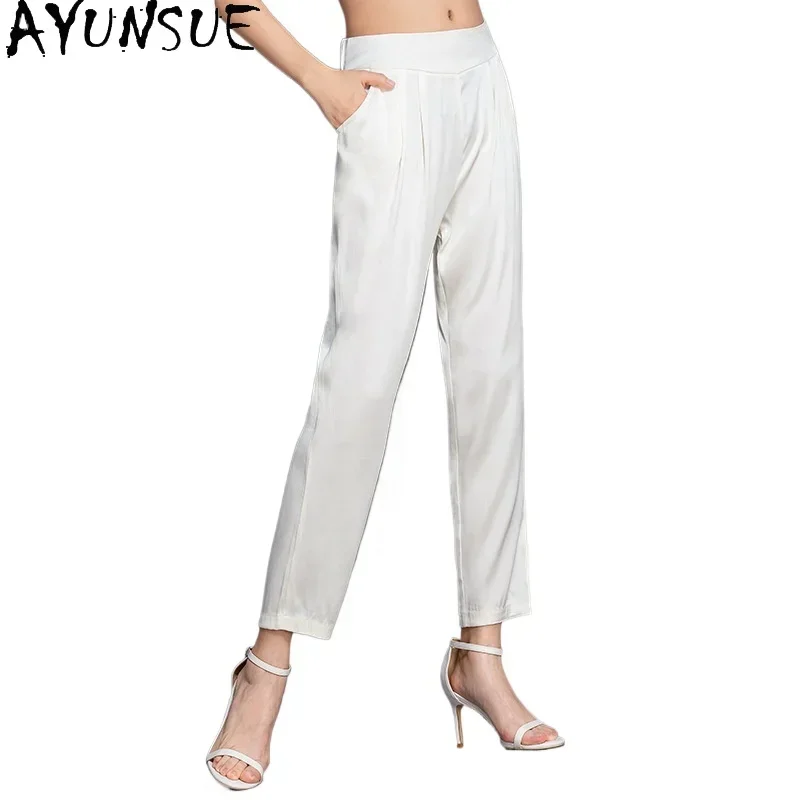 AYUNSUE 100% Mulberry Silk Pants Women 2024 Elegant Fashion Trousers Womens Old Money Style Harem Pants Summer Clothes брюки