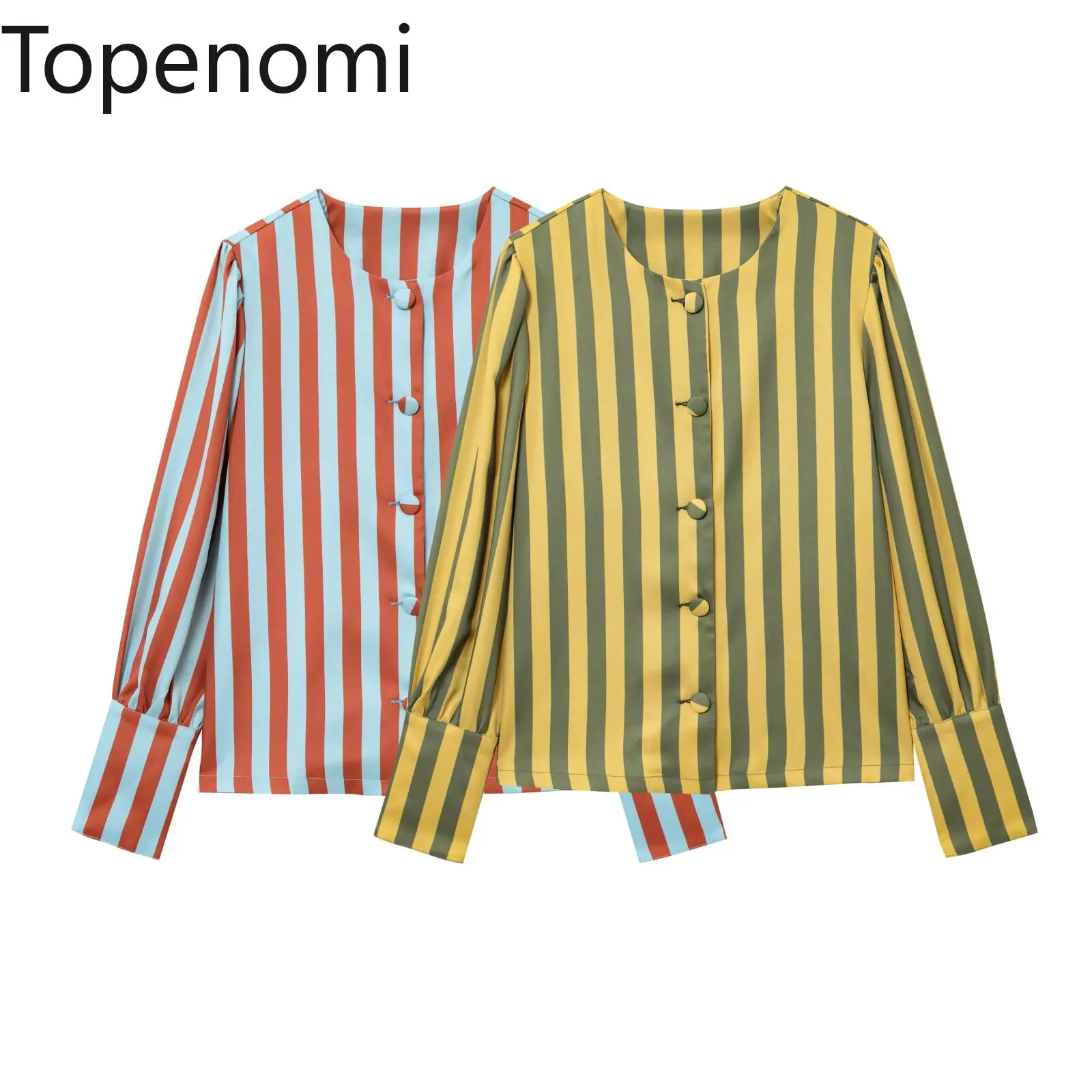 

Topenomi Contrast Color Striped Long Sleeve Shirt Women Round Neck Single Breasted Loose Tops Vintage Fashion Versatile Blouses