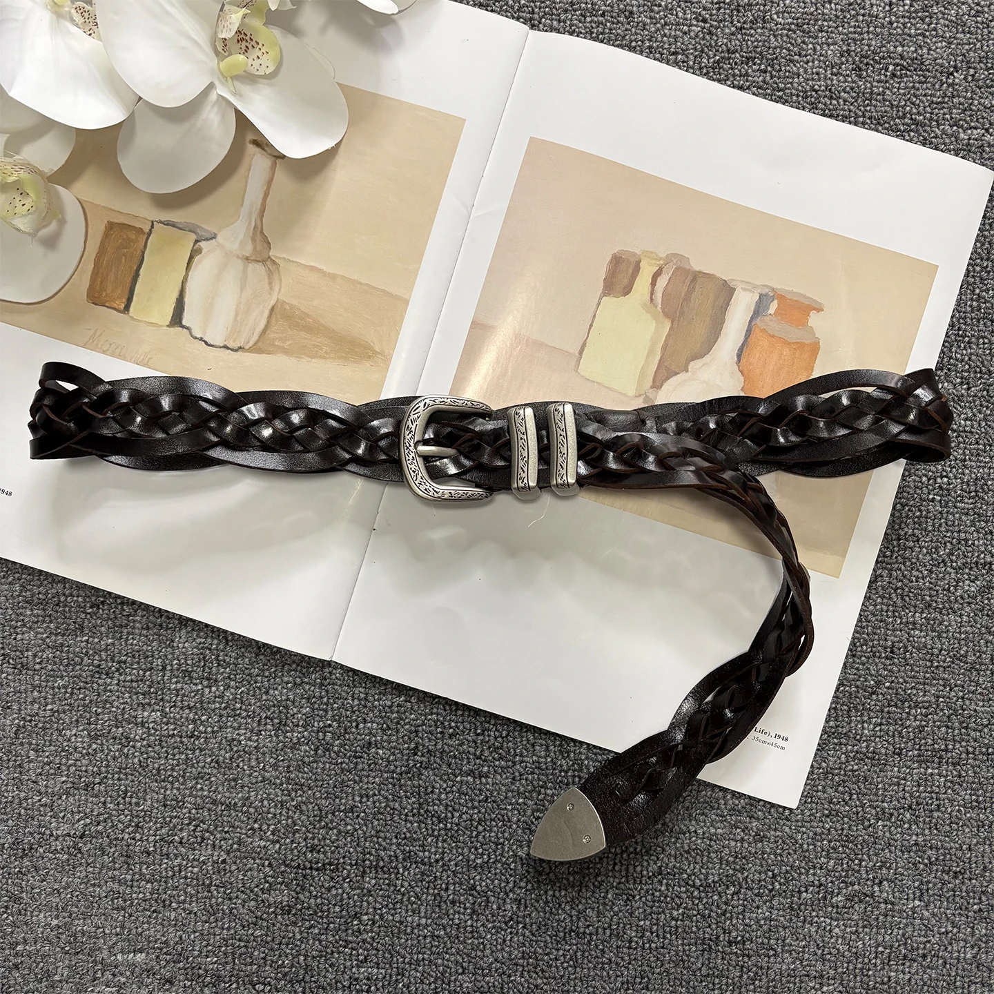 Genuine Leather Ladies' Fashion Belt with Ancient Silver Buckle and Handwoven Texture, Casual Belt for Pants
