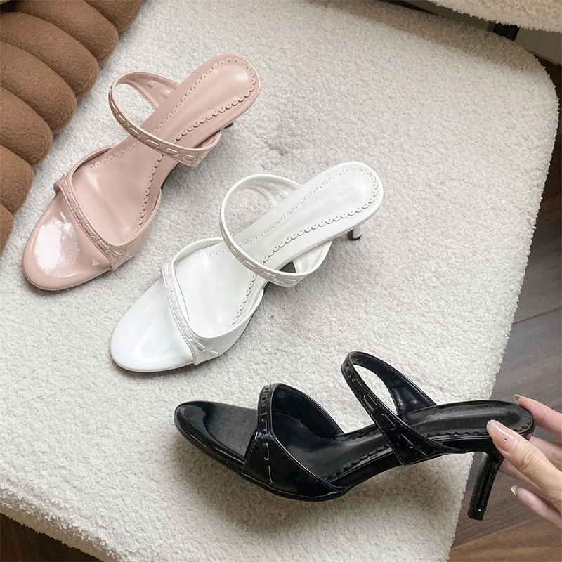

Aneikeh Fashion Women Nude Pink Patent Leather Low Heel Mules Hollow Out Open Toe Slip on Sandals Summer Casual Slides Shoes