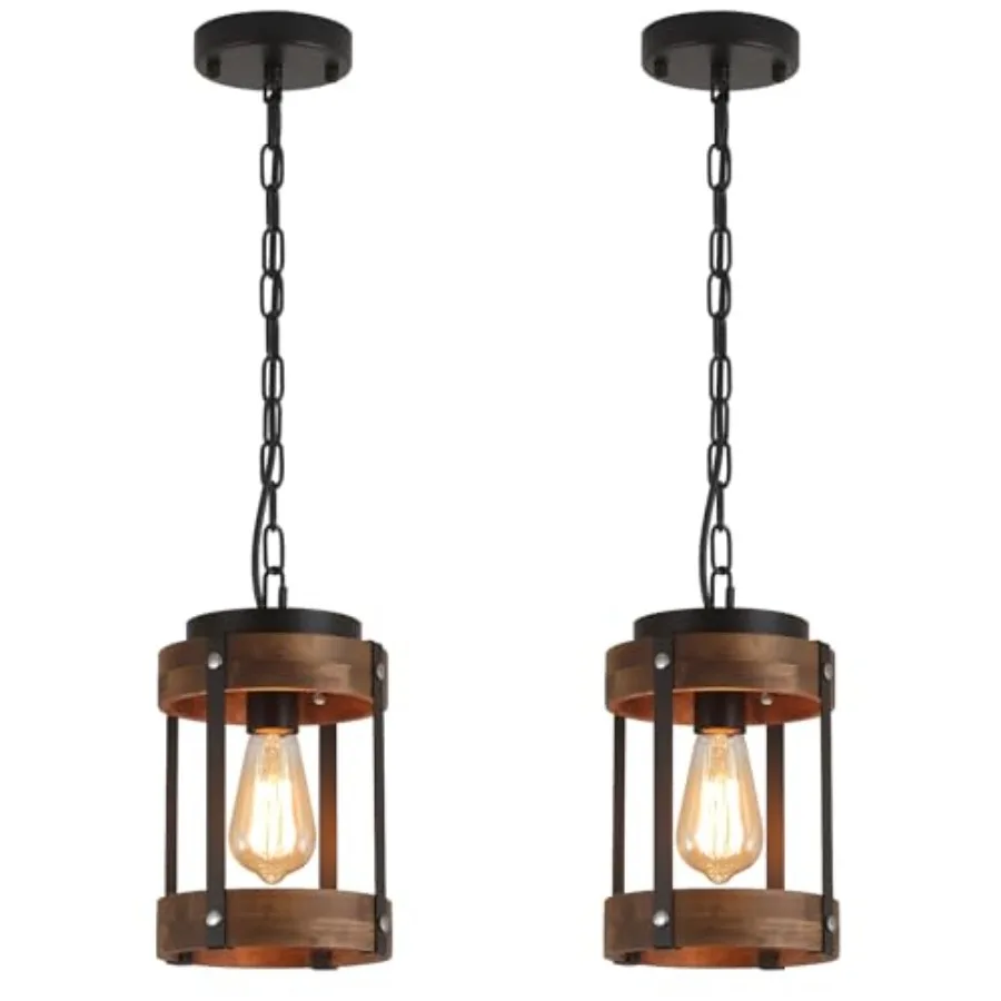 Rustic Farmhouse Wood Fixture One- Adjustable Chain Oak Wood and Metal Drum Cage ing for Kitchen Island Sink Hallway Farmhouse