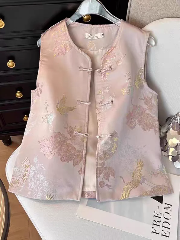 2026 New Chinese Style Pink Jacquard Vest Women Sleeveless Stand Collar Frog Buttons Spring Fall Cardigan Young Elegant