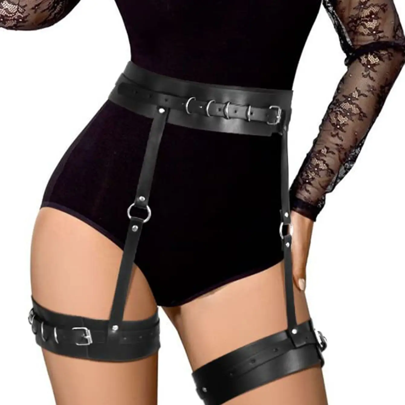 Black Pu Leather Leg Harness Women Sexy Lingerie Body Bondage Sword Belt Goth Rave Festival Stocking Garters Gothic Clothes