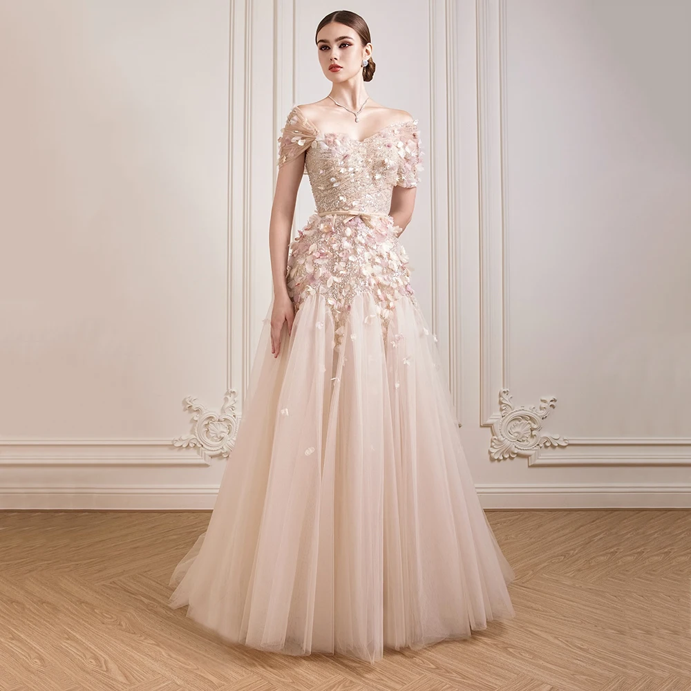 Maßgeschneidertes schulterfreies Abendkleid aus drapiertem Tüll mit Blumenapplikationen, ärmelloses Partykleid, A-Linie, bodenlanges Abendkleid