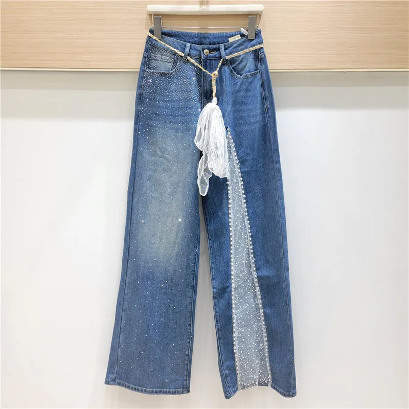 

Blue Denim Pants, 2025 Summer Loose and Versatile Design Blue Splicing Lace Bead Decoration Straight Wide-leg Jeans,street
